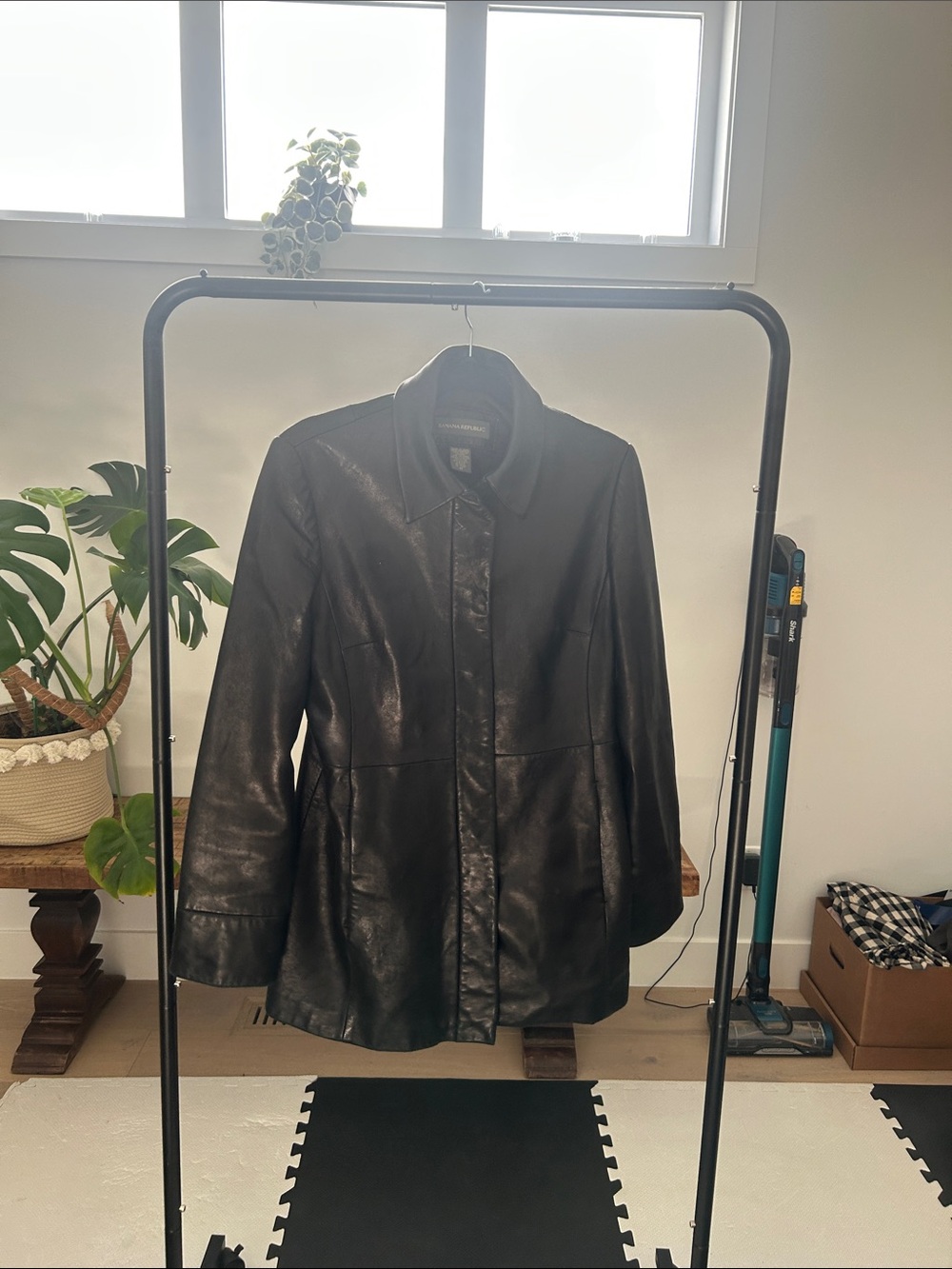 Banana Republic Black Leather Coat with Classic Collar